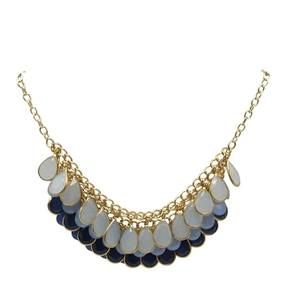 Charming Charlie Three Blue Toned Acrylic Bib Bling Necklace 21" - Picture 1 of 6
